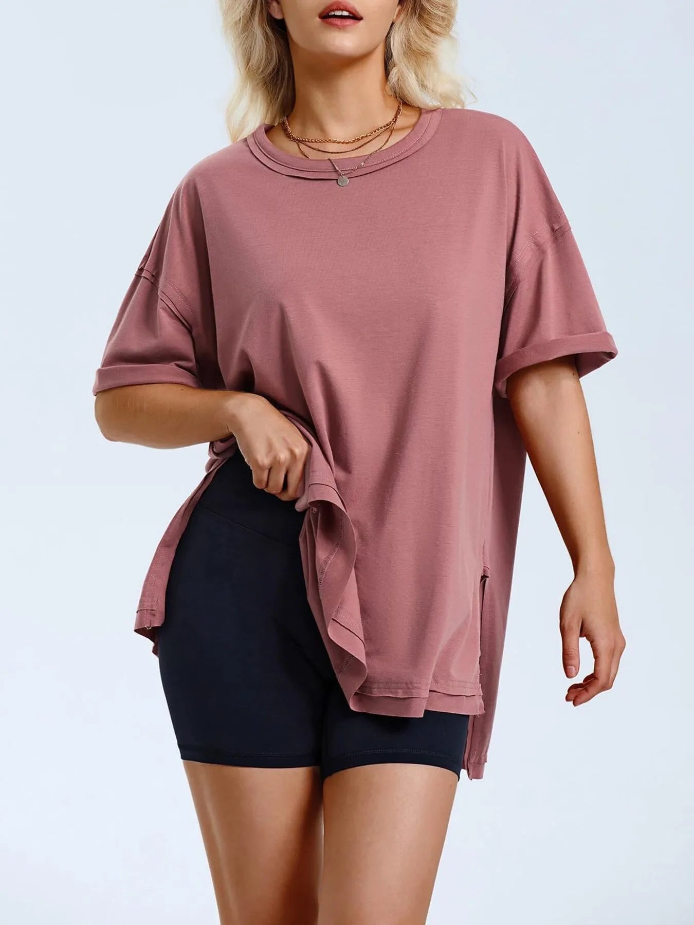 Full Size Oversized Drop Shoulder Side Slit T-Shirt Plus Size Dusty Pink