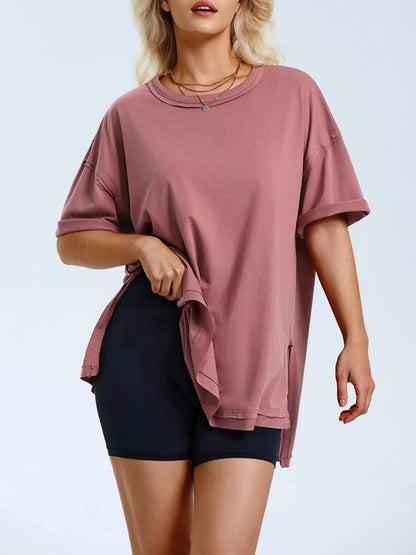 Full Size Oversized Drop Shoulder Side Slit T-Shirt Plus Size Dusty Pink