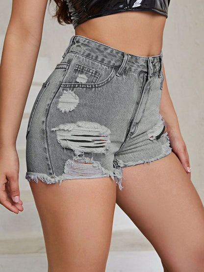Distressed Raw Hem High Rise Denim Shorts Gray