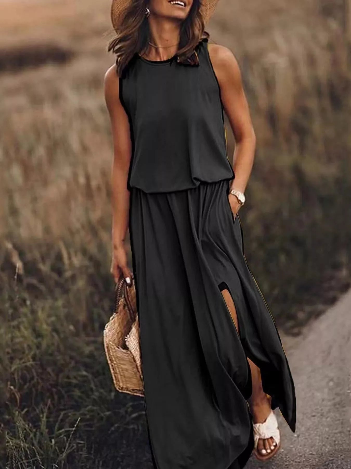 Full Size Round Neck Sleeveless Slit Maxi Dress Plus Size Black