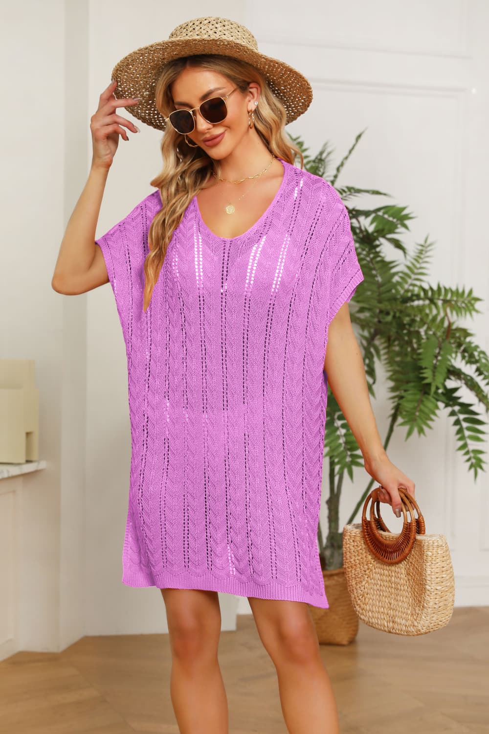 Openwork Side Slit Knit Dress Red-Violet One Size