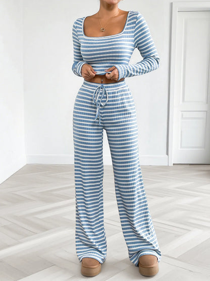 Striped Square Neck Long Sleeve Top and Pants Lounge Set