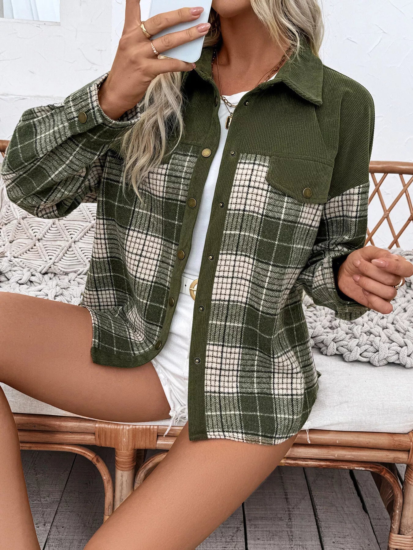 Plaid Button Up Long Sleeve Shacket Green