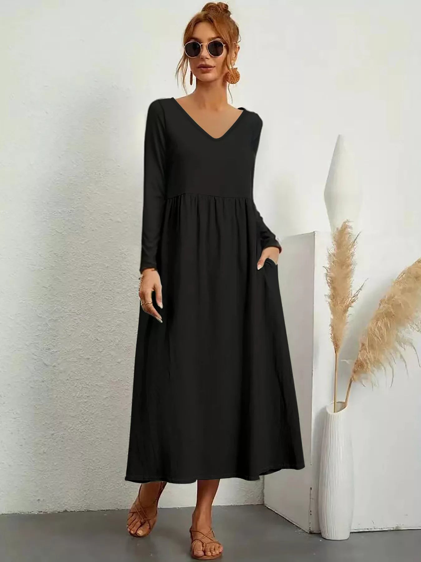 V-Neck Long Sleeve Midi Dress