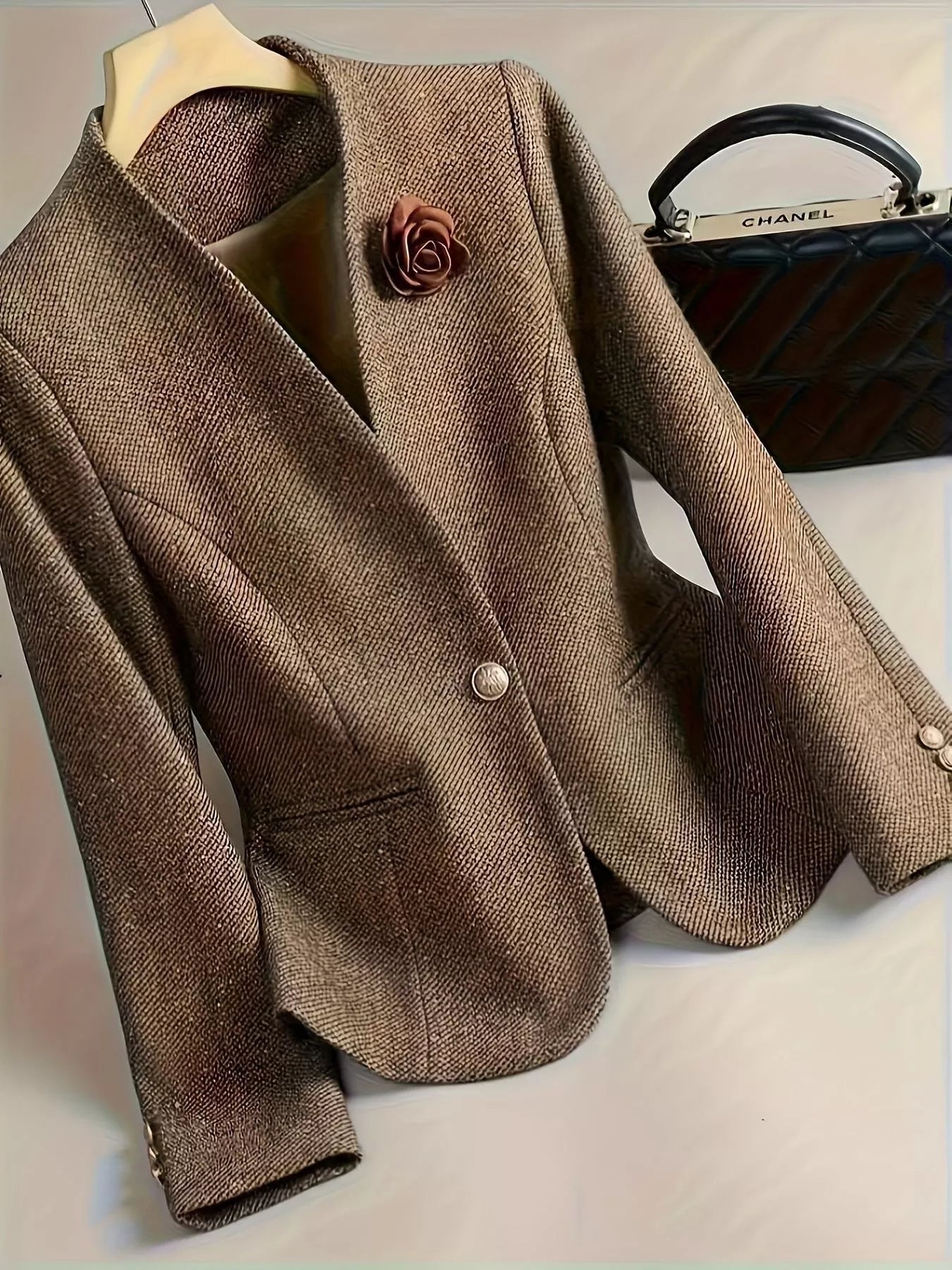 Flower One Button Long Sleeve Blazer Taupe
