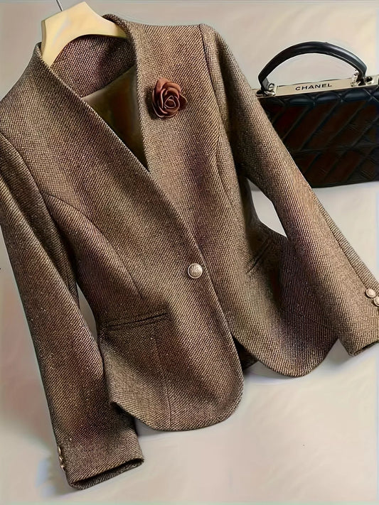 Flower One Button Long Sleeve Blazer Taupe