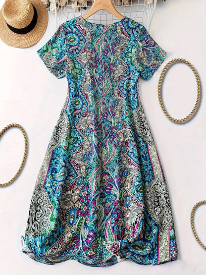Plus Size Paisley Print V-Neck Short Sleeve Dress