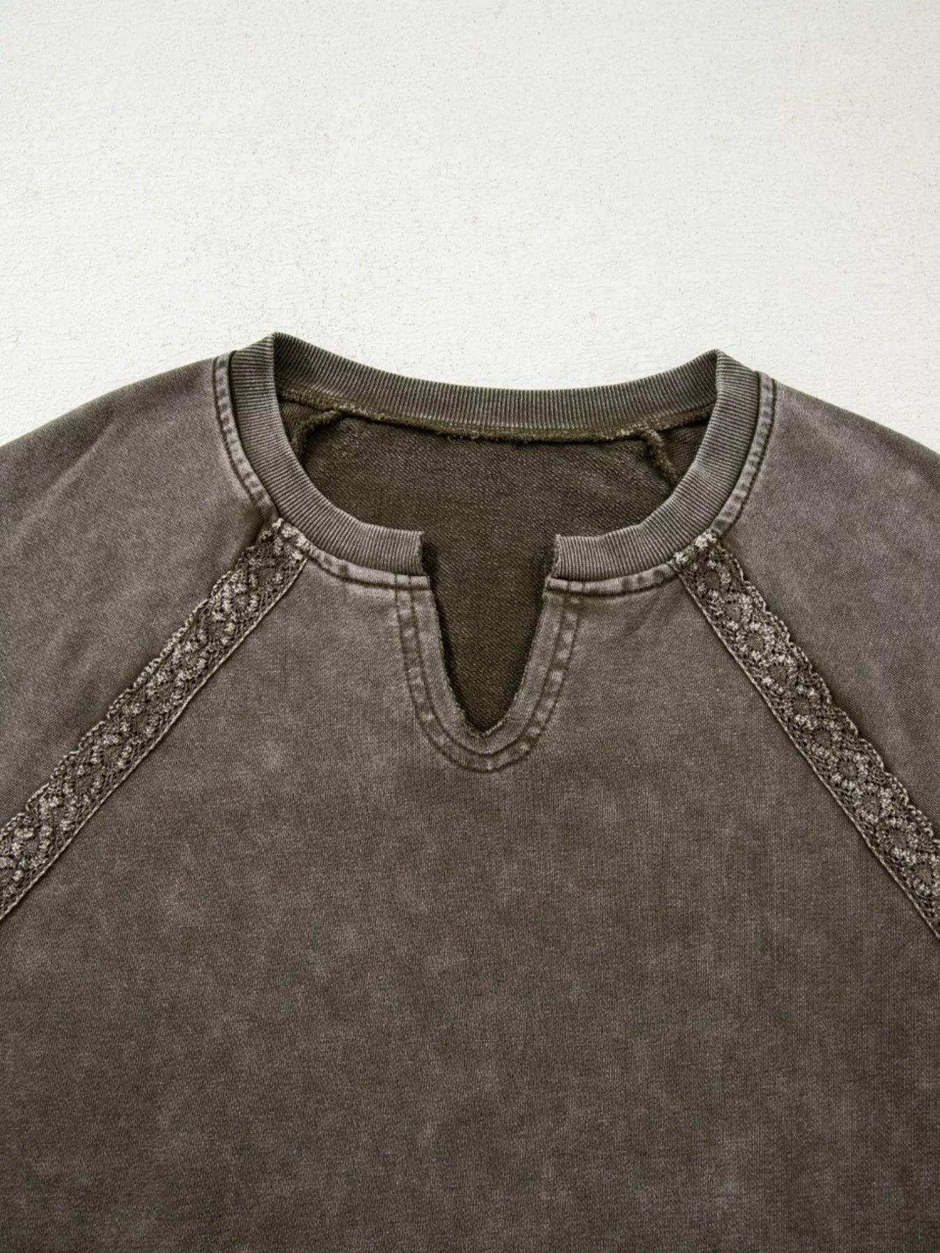 Lace Patchwork Detail Notched Mineral Wash Sweatshirt