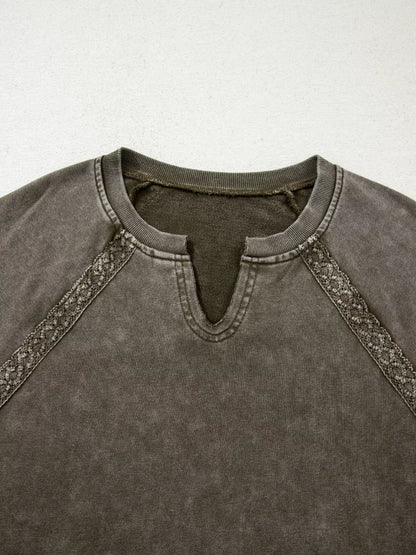 Lace Patchwork Detail Notched Mineral Wash Sweatshirt
