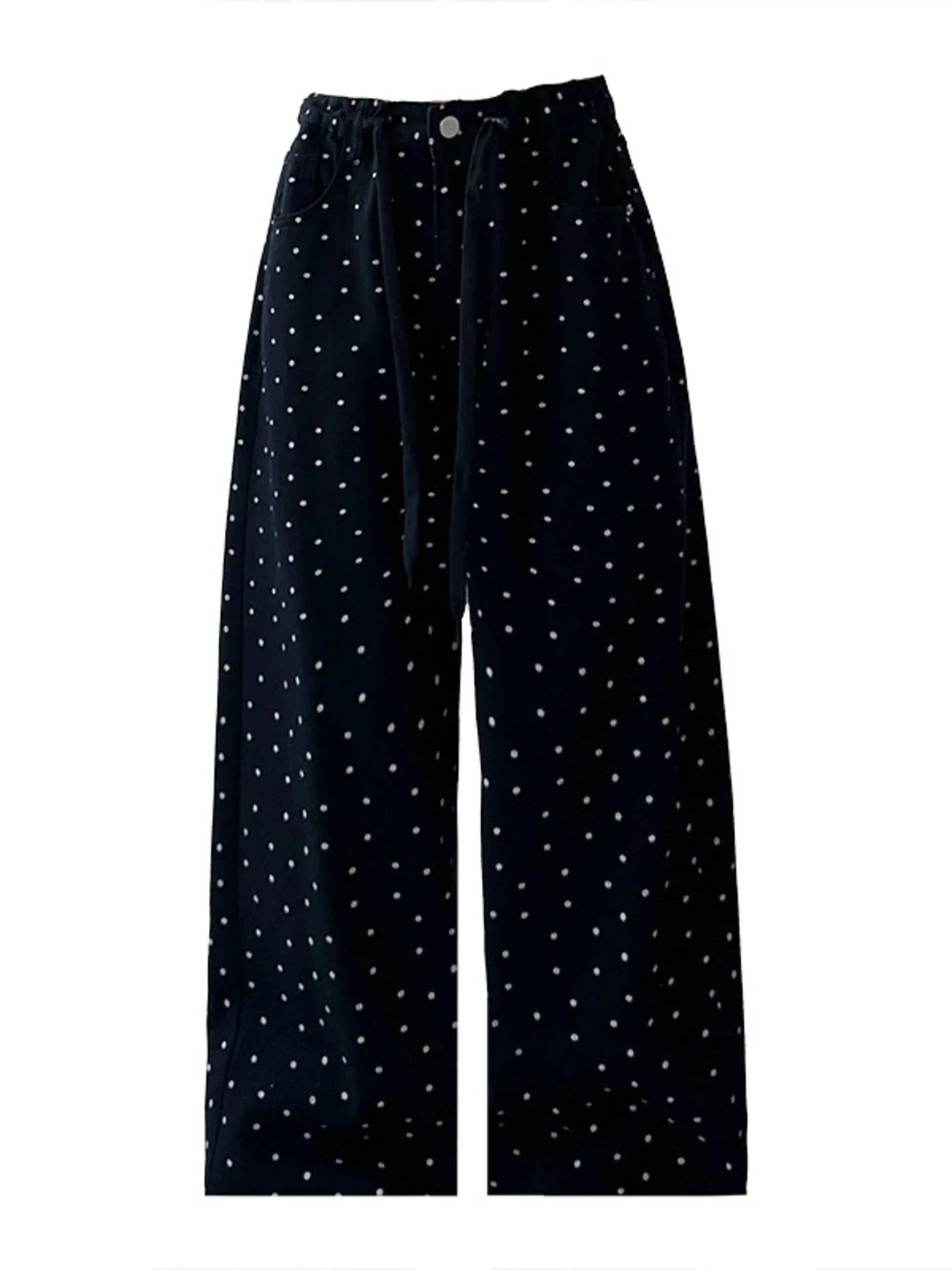 Polka Dot Wide Leg Drawstring Pants Black