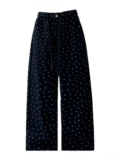 Polka Dot Wide Leg Drawstring Pants Black