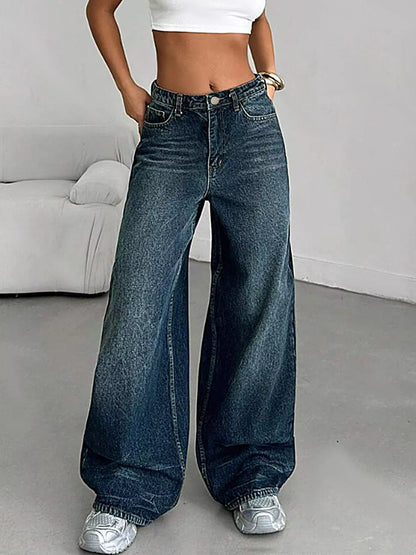 Vintage Wash Wide Leg Jeans Dark Navy