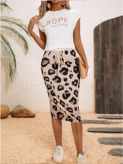Letter Round Neck Cap Sleeve Top and Leopard Skirt Set Apricot