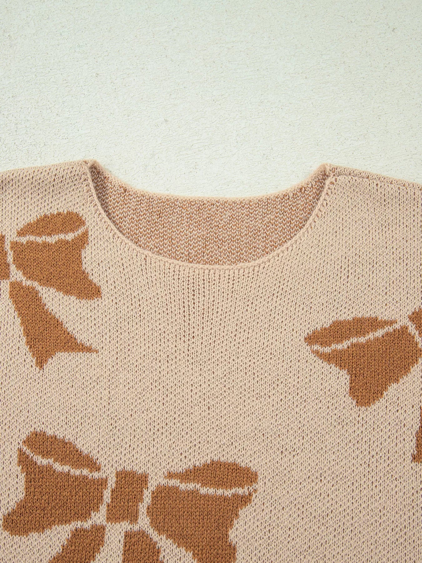 Ribbon Bow Checkered Striped Sleeve Drop Shoulder Sweater