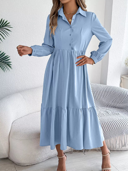 Long Sleeve Tiered Button Front Midi Dress