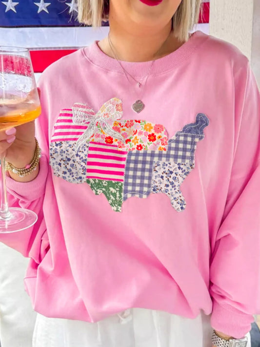 USA Map Patched Long Sleeve Sweatshirt Pink