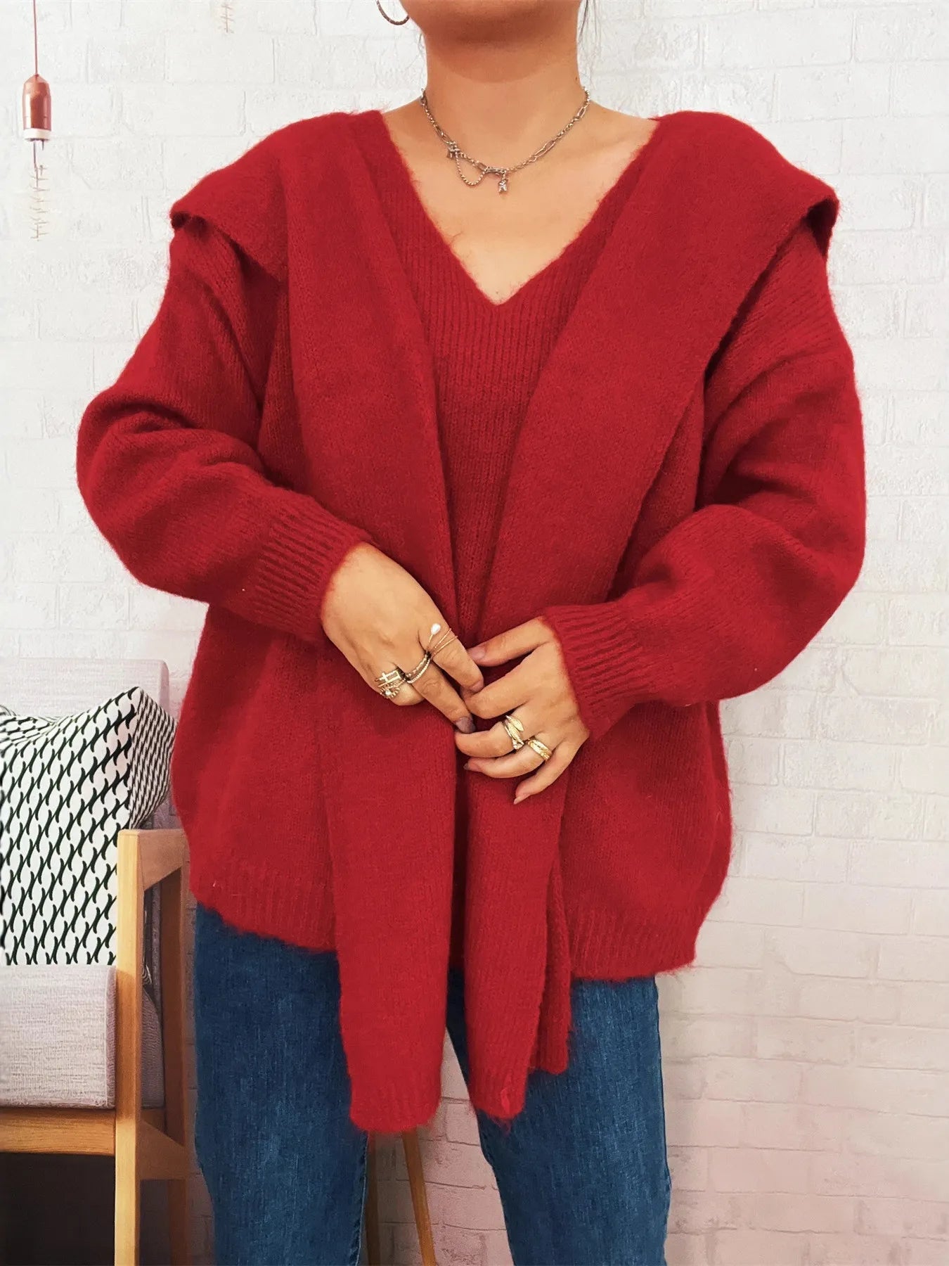 Ribbed Hem V-Neck Sweater with Shawl