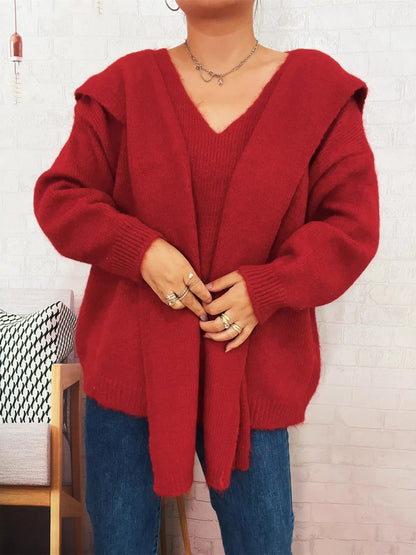 Ribbed Hem V-Neck Sweater with Shawl