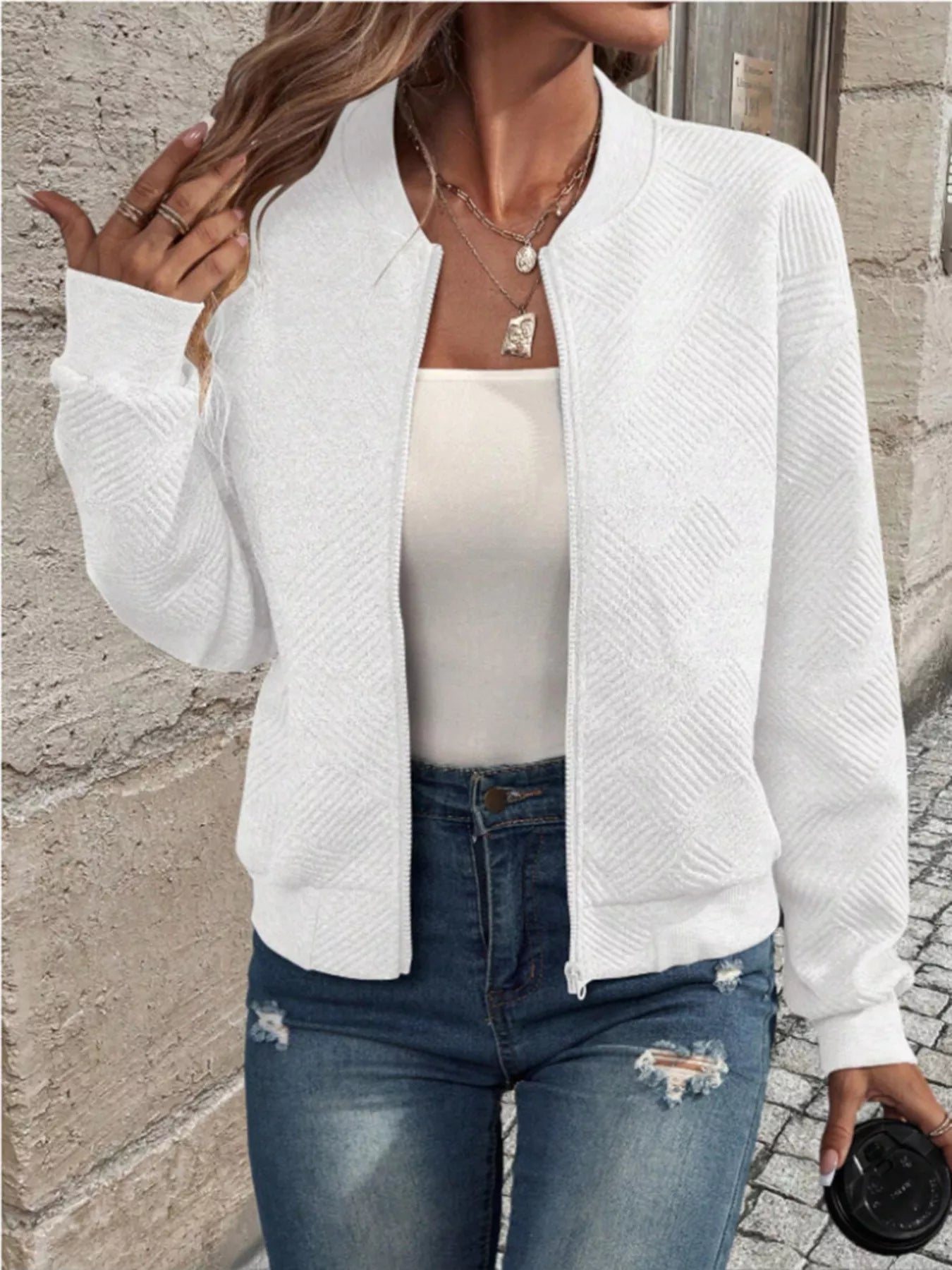 Textured Knit Zip-Up Bomber Jacket White