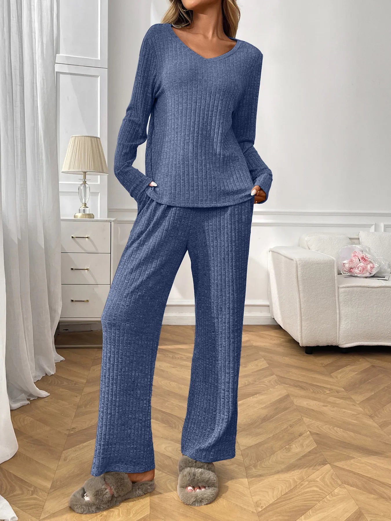 Ribbed Long Sleeve Top and Pants Lounge Set Blue