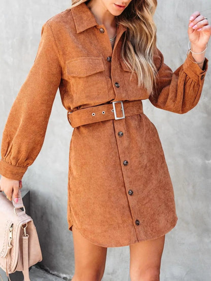 Button Front Belt Long Sleeve Corduroy Dress Light Brown