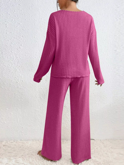 Ribbed V-Neck Top and Pants Set