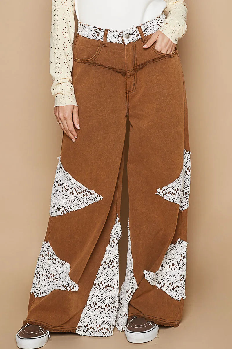 POL Lace Trim Wide Leg Pants Caramel