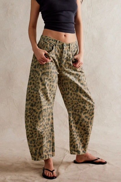 Wide Leg Jeans with Pockets Leopard