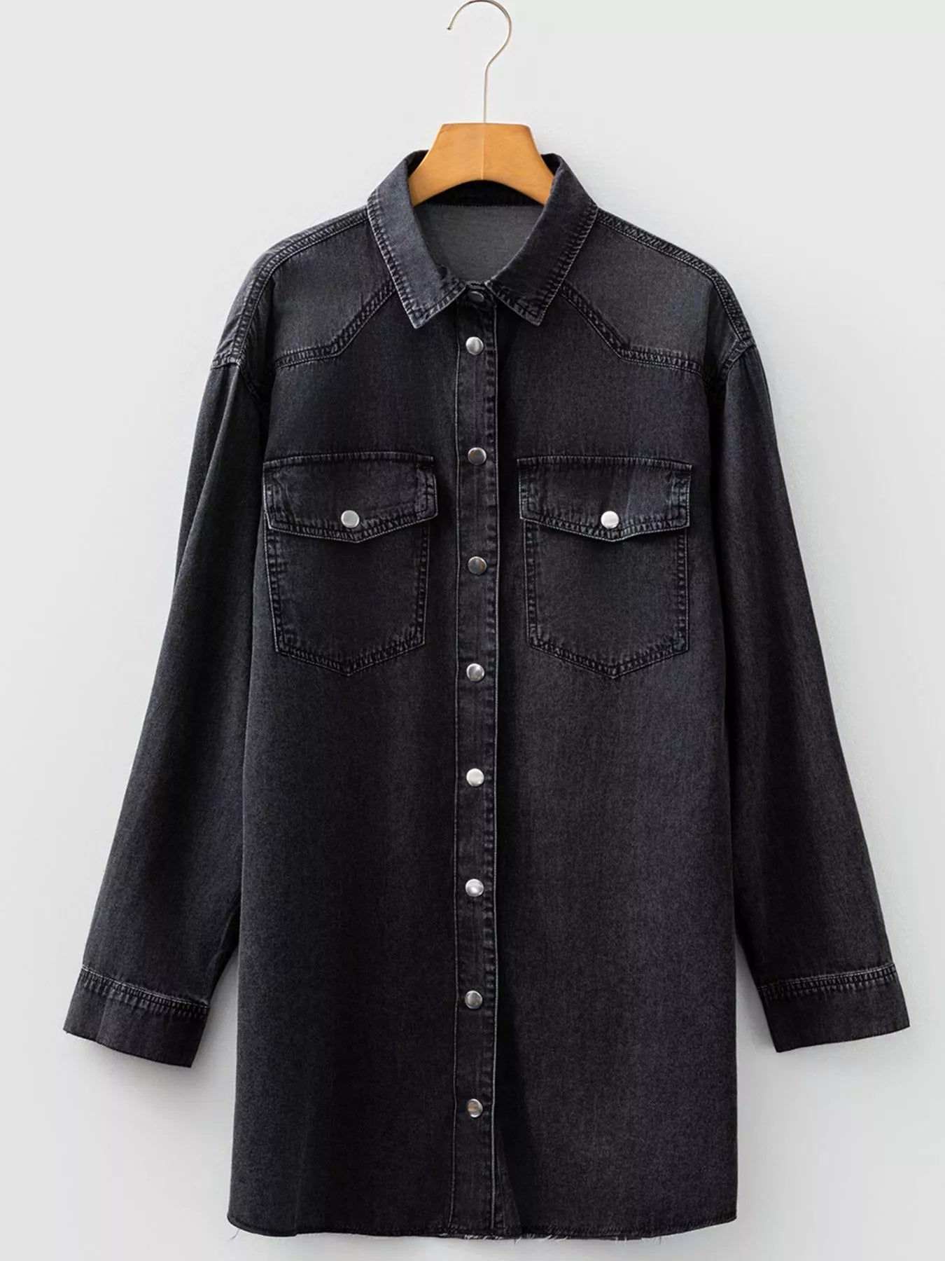 Chest Pocket Raw Hem Denim Loose Shirt Dress