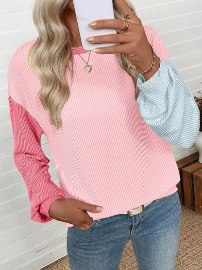 Color Block Ribbed Long Sleeve T-Shirt