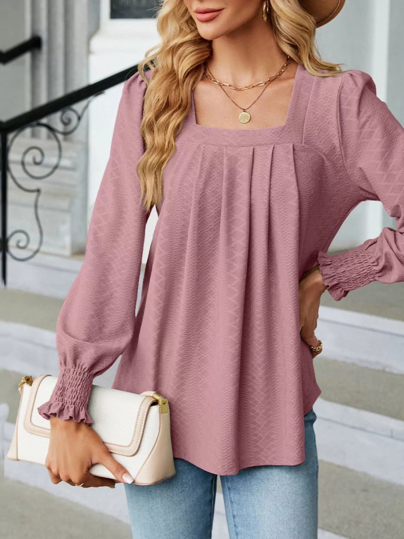 Pleated Square Neck Long Sleeve Top