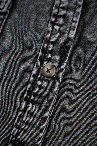 Short Sleeve Flap Pocket Button Up Raw Hem Denim Shirt