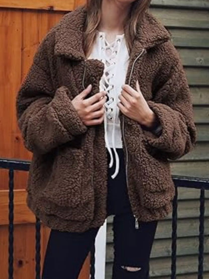 Full Size Cozy Fleece Zip Up Jacket Plus Size Coffee Brown