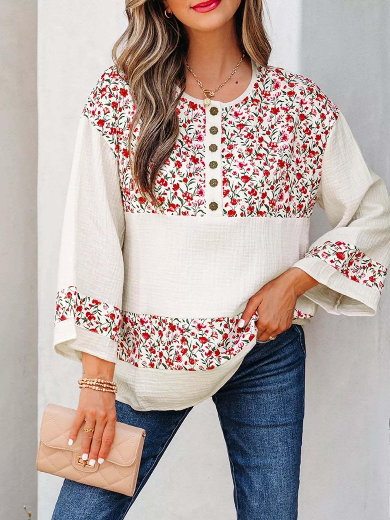 Floral Print Henley Button 3/4 Sleeve Blouse Strawberry