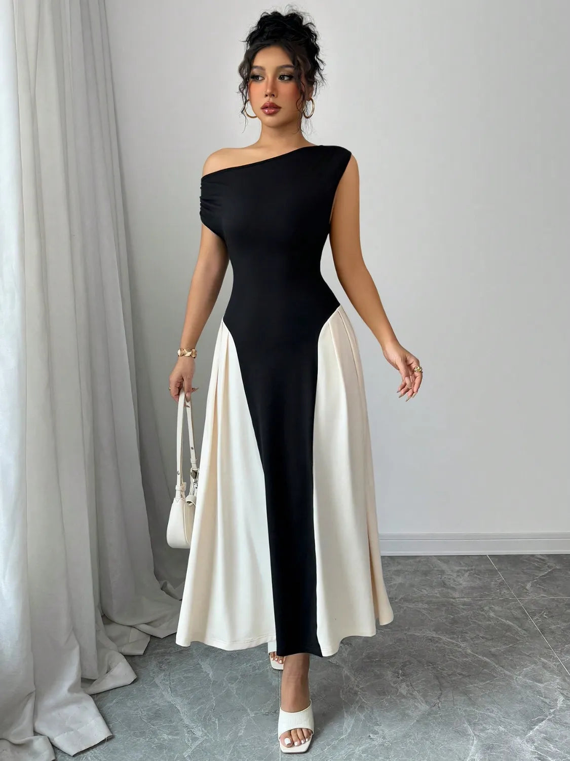 Contrast Single Shoulder Midi Dress