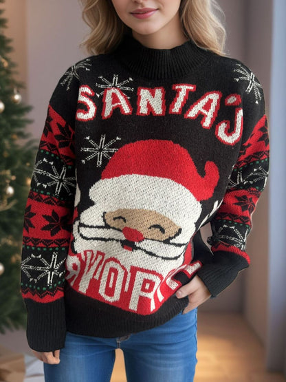 Santa Mock Neck Long Sleeve Sweater Black One Size