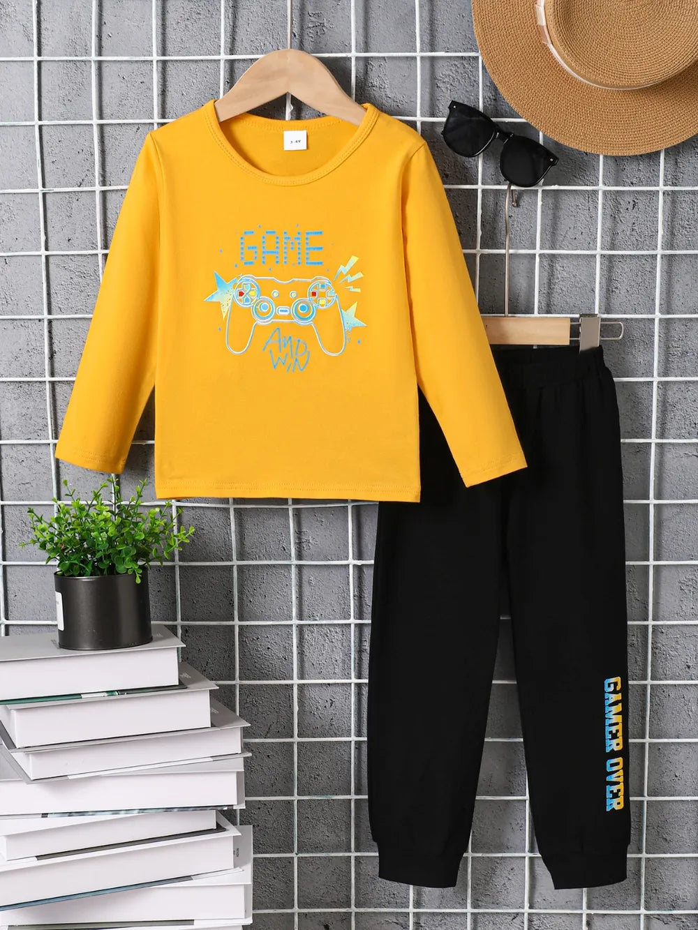 Kids Graphic Round Neck Long Sleeve Top and Pants Set Gold