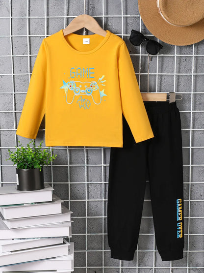 Kids Graphic Round Neck Long Sleeve Top and Pants Set Gold