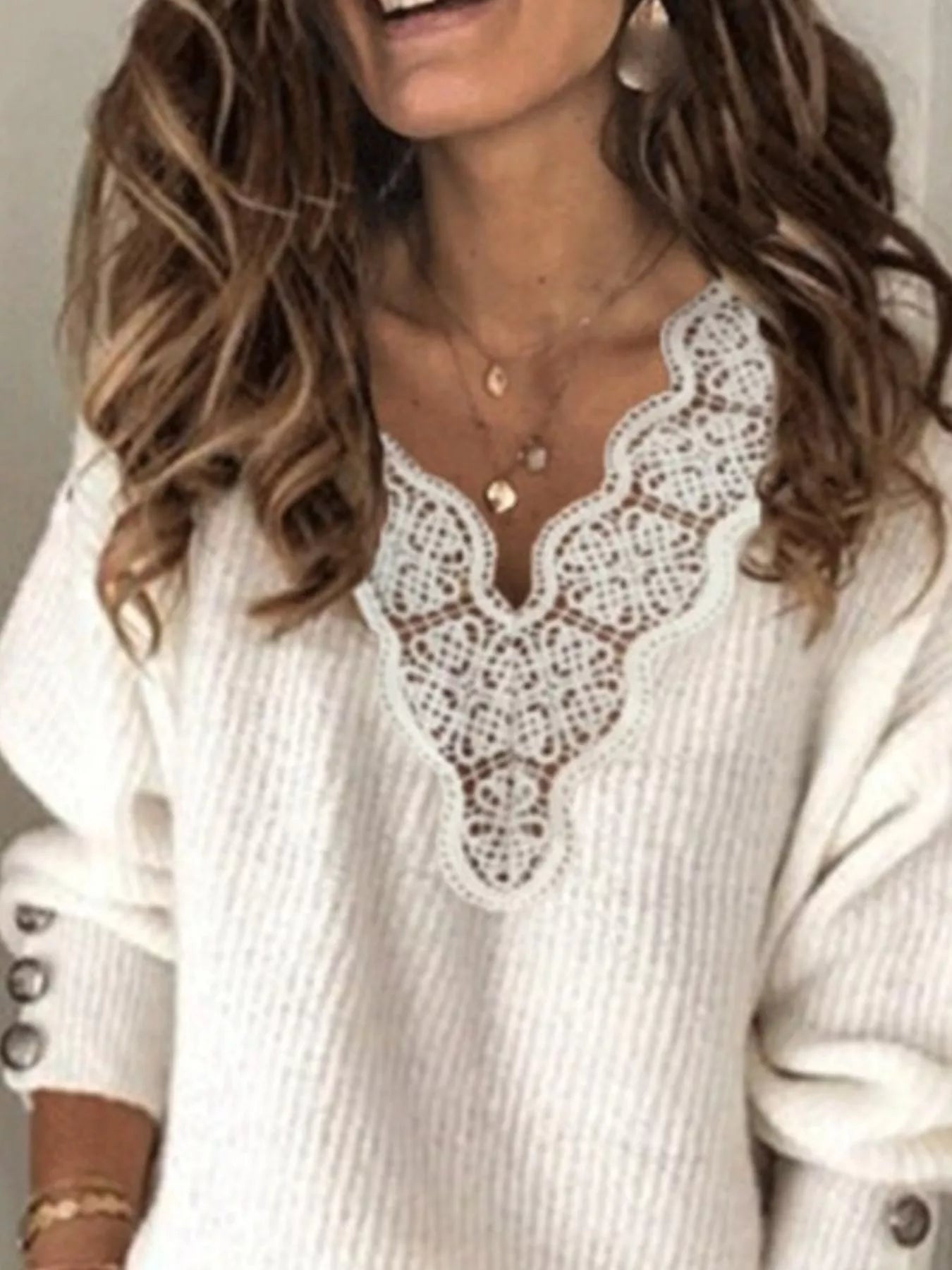 Full Size Lace Trim V-Neck Sweater Plus Size