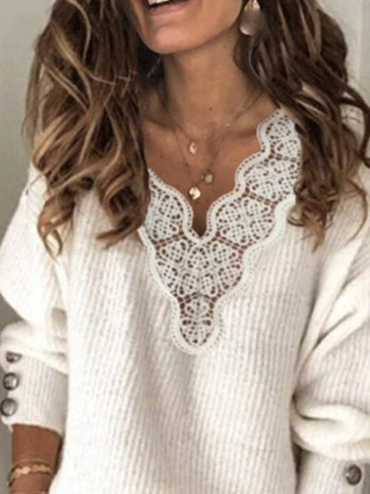 Full Size Lace Trim V-Neck Sweater Plus Size