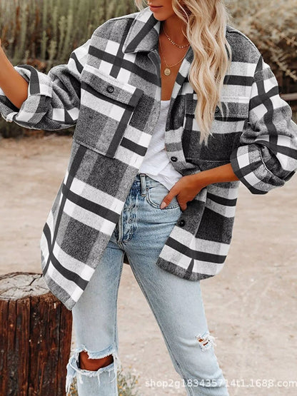 Plaid Button-Down Long Sleeve Jacket Black