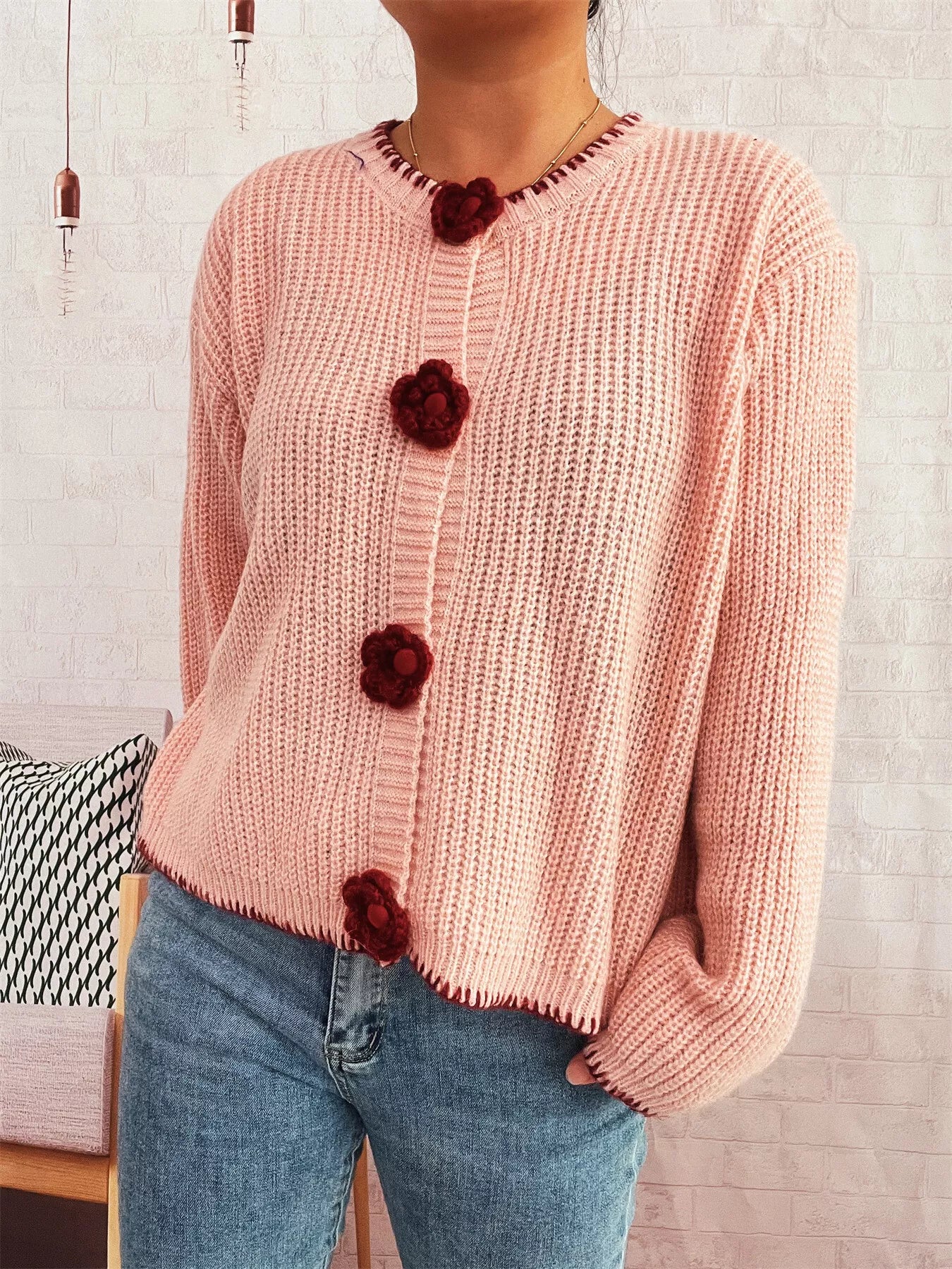 Flower Button Long Sleeve Cardigan