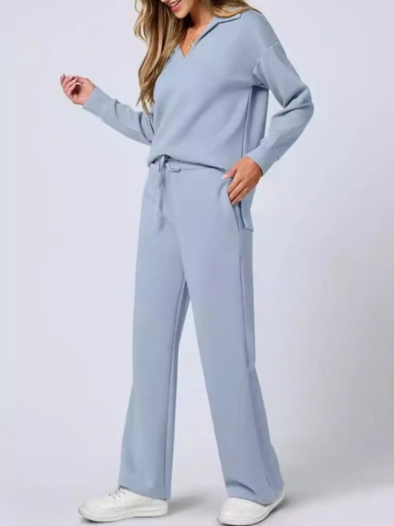 Full Size Johnny Collar Long Sleeve Top and Pants Plus Size Sky Blue