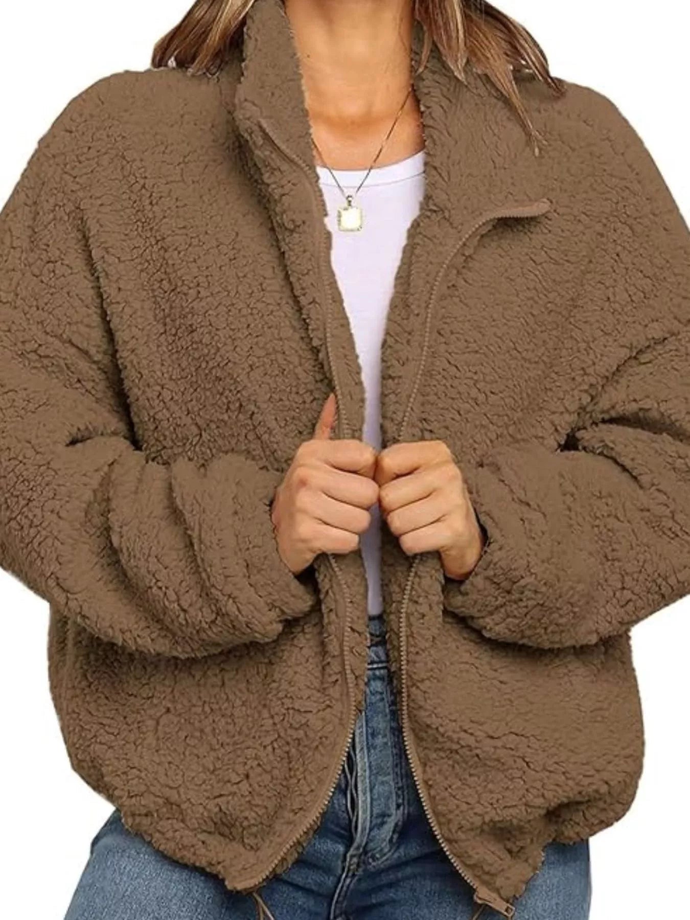 Full Size Cozy Fleece Zip Up Jacket Plus Size Taupe