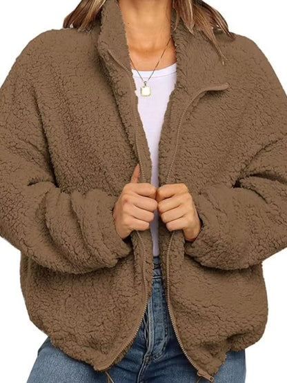 Full Size Cozy Fleece Zip Up Jacket Plus Size Taupe