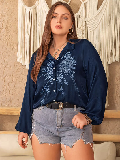 Plus Size Embroidered Long Sleeve Shirt Dark Blue