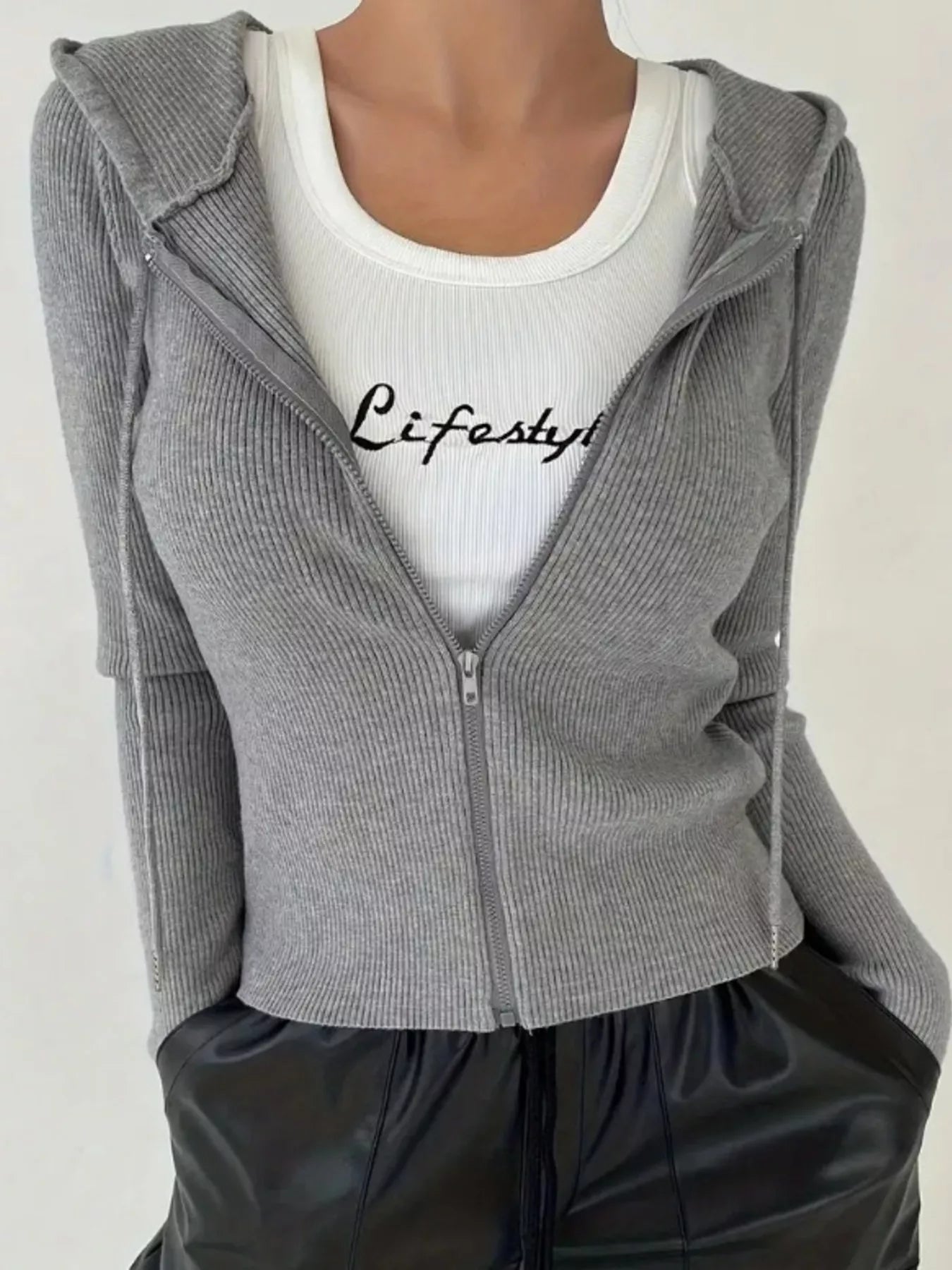 Ribbed Knit Zip-Up Hooded Cardigan Gray