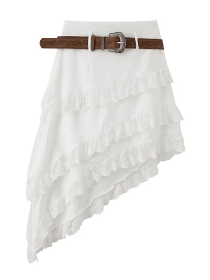 Asymmetrical Lace Ruffle Skirt White