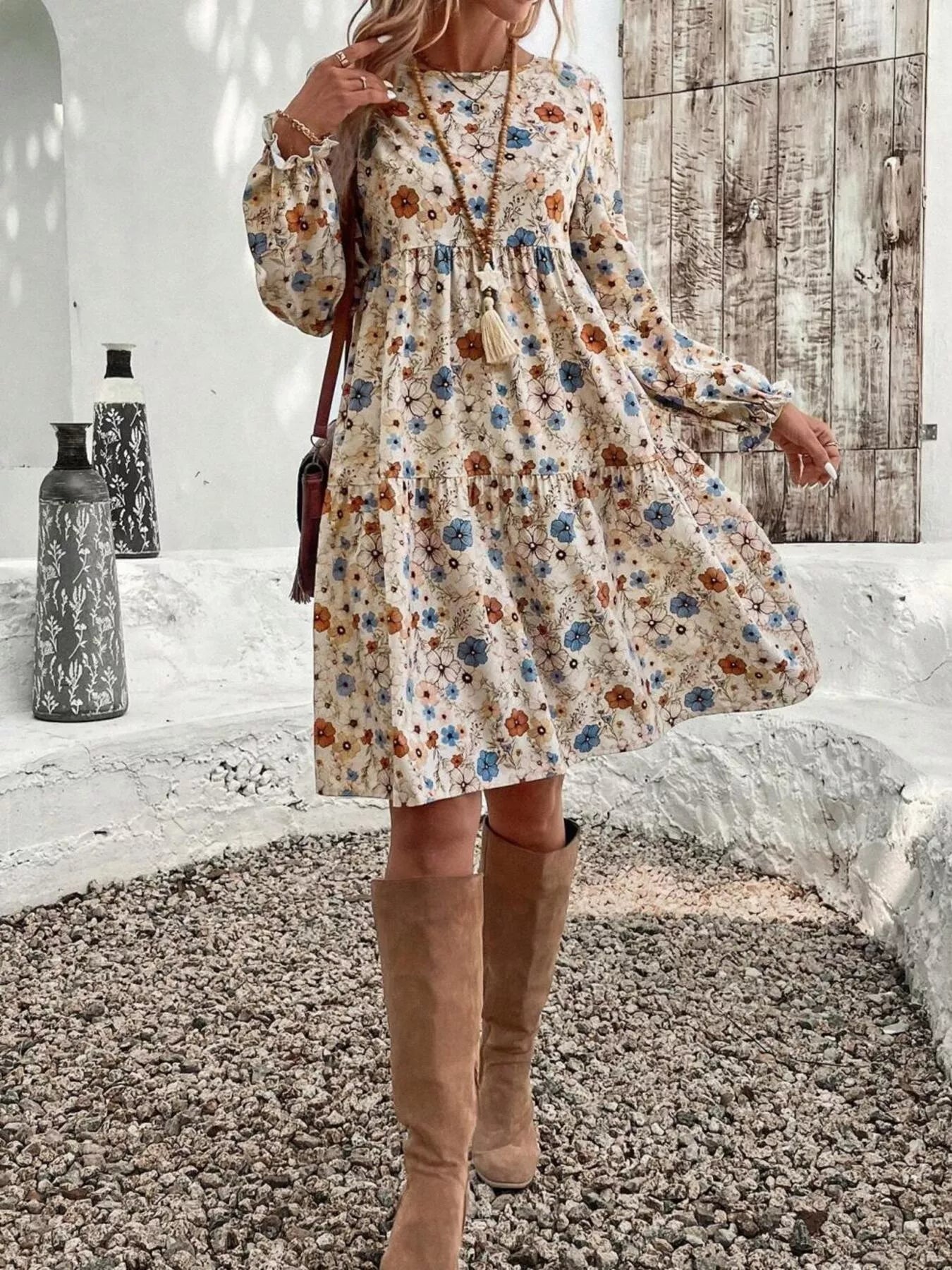 Floral Print Long Sleeve Tiered Dress