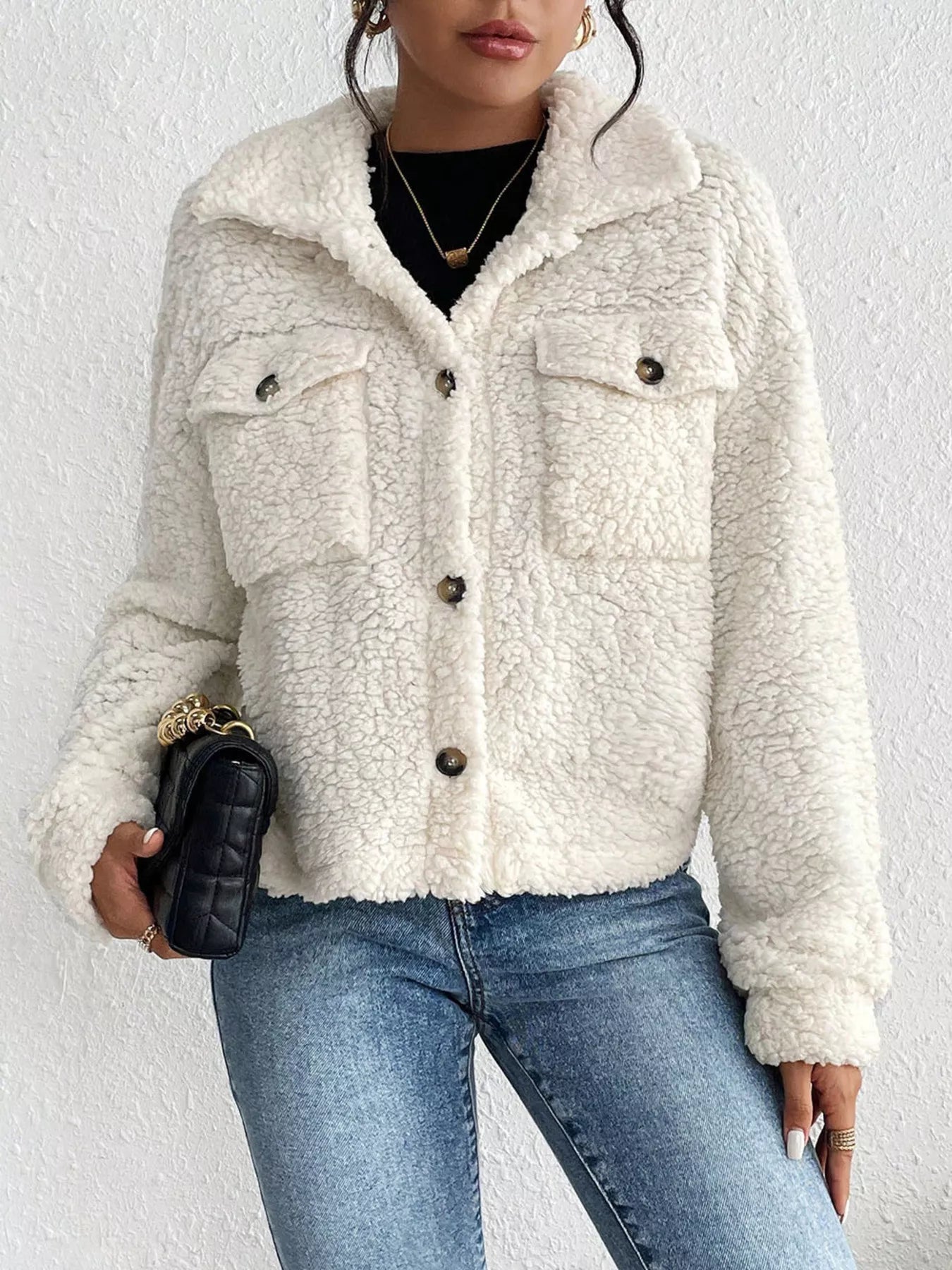 Cozy Sherpa Button-Down Jacket White